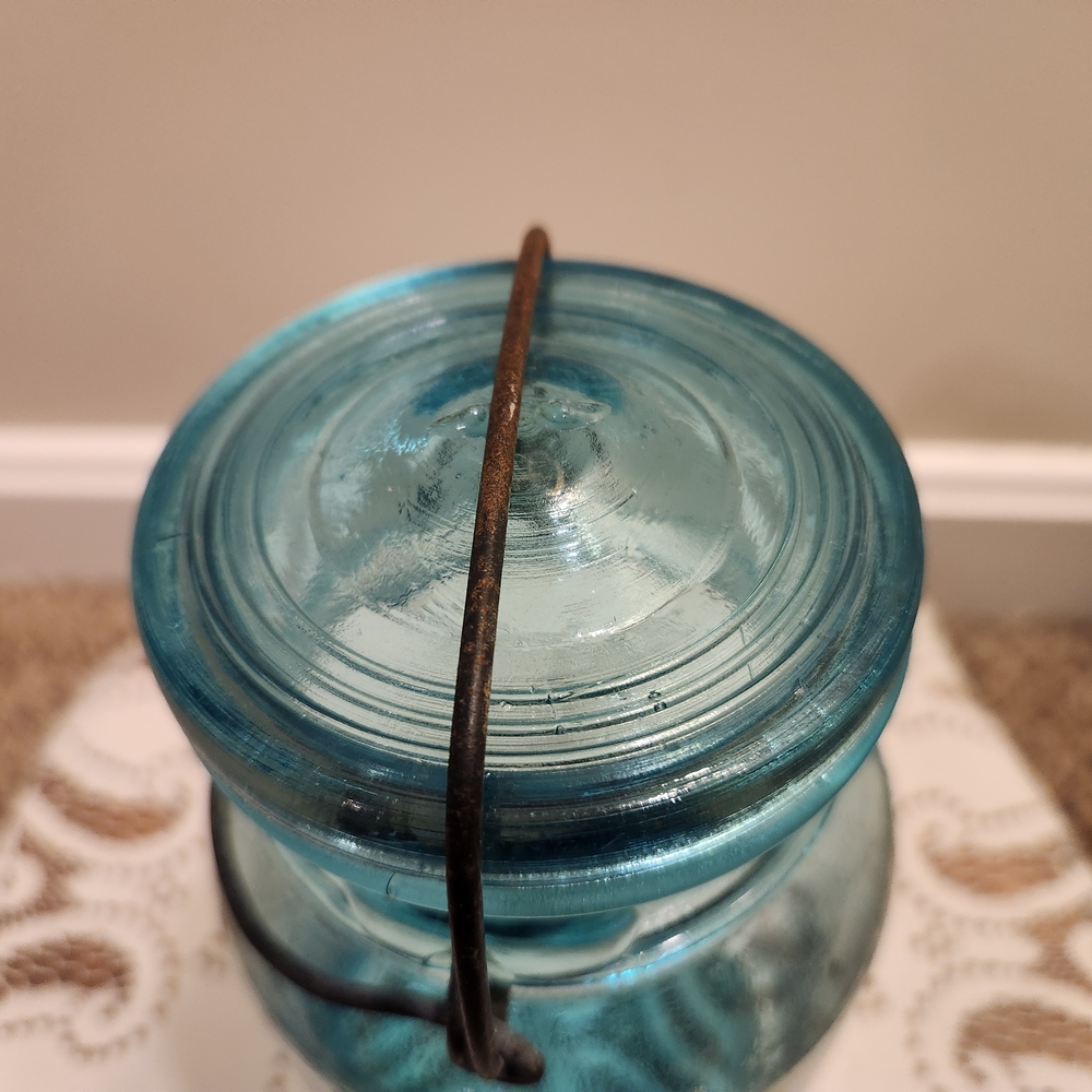 Vintage Ball Ideal Aqua Blue Glass Mason Jar Mold #4 With Lid And Bail - Picture 8 of 10